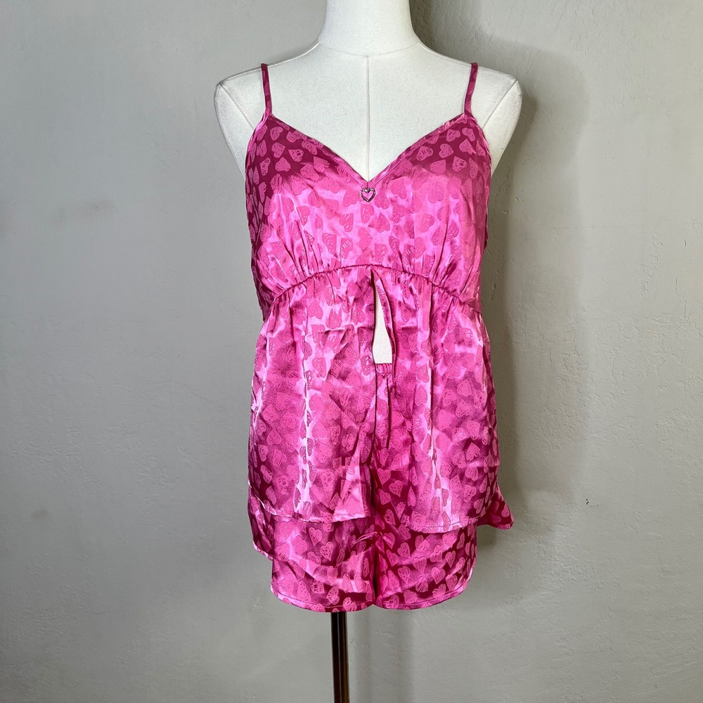 Flora Nikrooz Pajama Set Size Large Pink Heart Satin 2 Piece Matching PJ NEW